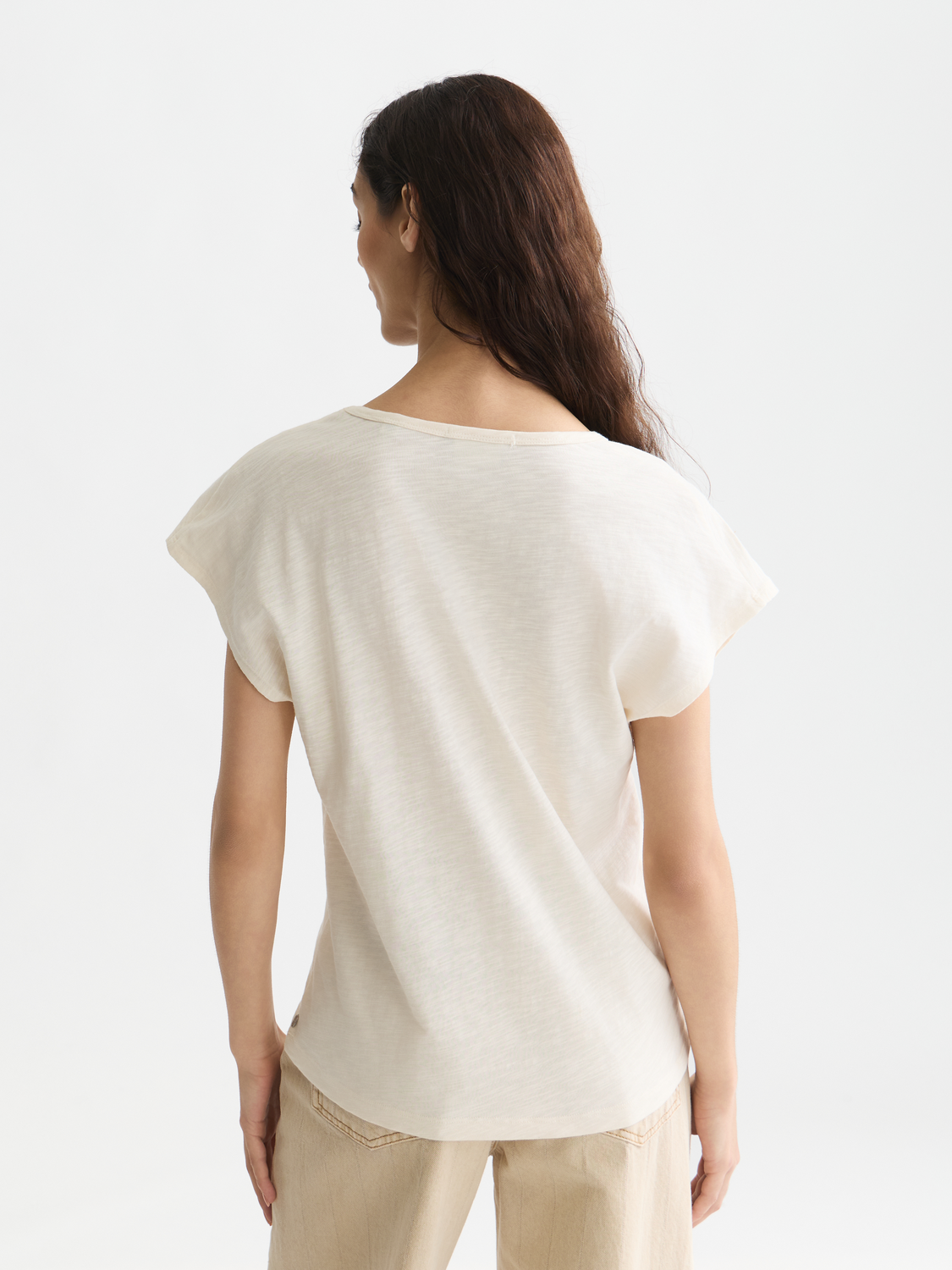 Embroidered SCOTCH & SODA V-neck short-sleeve t-shirt with colorful front embroidery, back view showing design details.