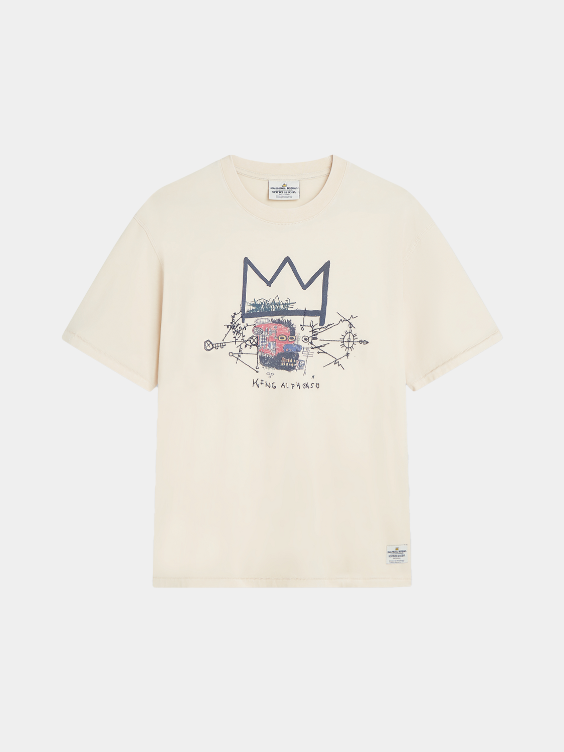 Short-sleeve Scotch & Soda t-shirt featuring washed artwork inspired by Basquiat with vibrant, artistic designs.