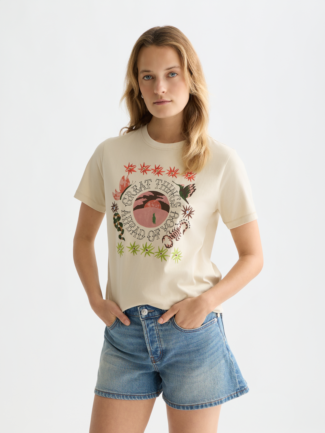 Short sleeve embroidered artwork T-shirt by Scotch & Soda featuring colorful embroidered design on soft fabric.