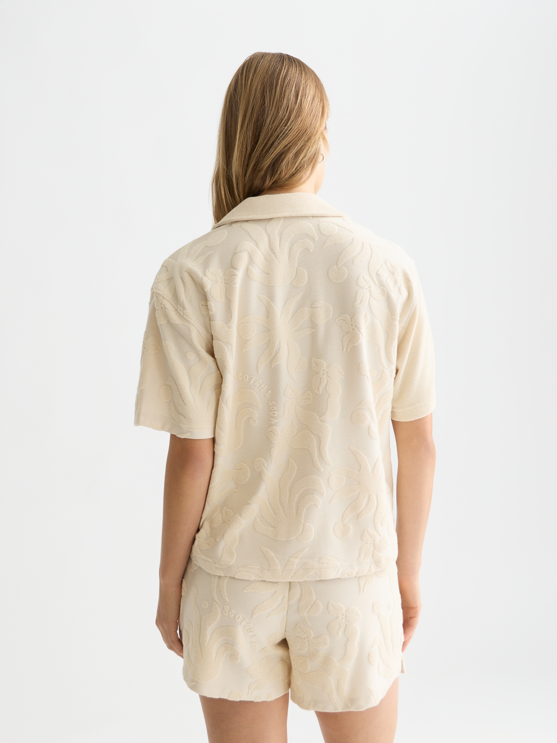 Scotch & Soda towelling short-sleeved shirt with a relaxed fit, showing the back view in soft, textured fabric.