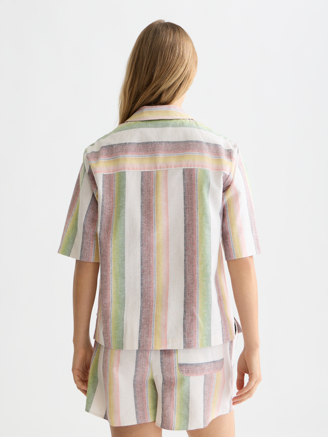 Striped Scotch & Soda short sleeve shirt featuring a pattern of horizontal stripes, shown from the back.