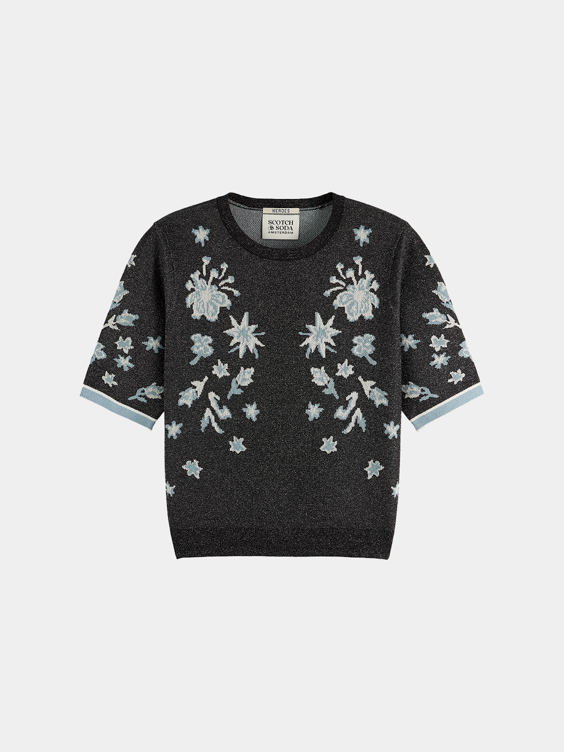Jacquard short-sleeved knitwear top by Scotch & Soda featuring intricate patterns and a fitted silhouette.