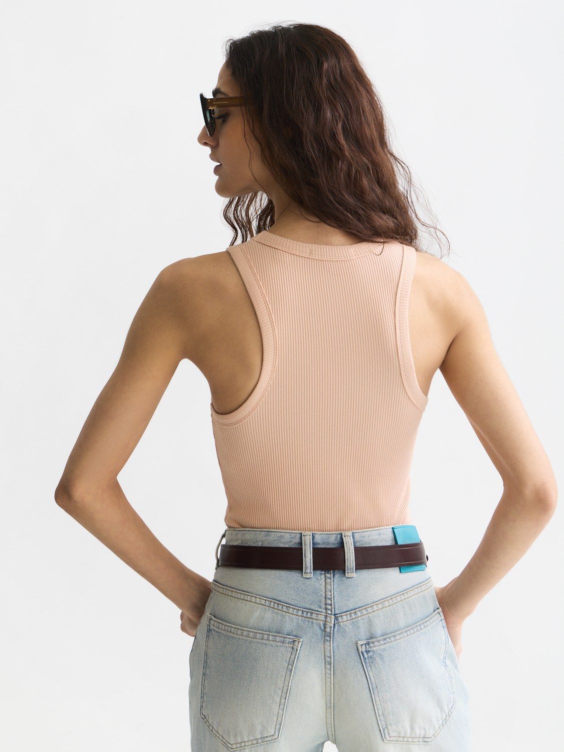 Rib racer tank top by Scotch & Soda featuring sleeveless design and ribbed fabric, shown from the back.