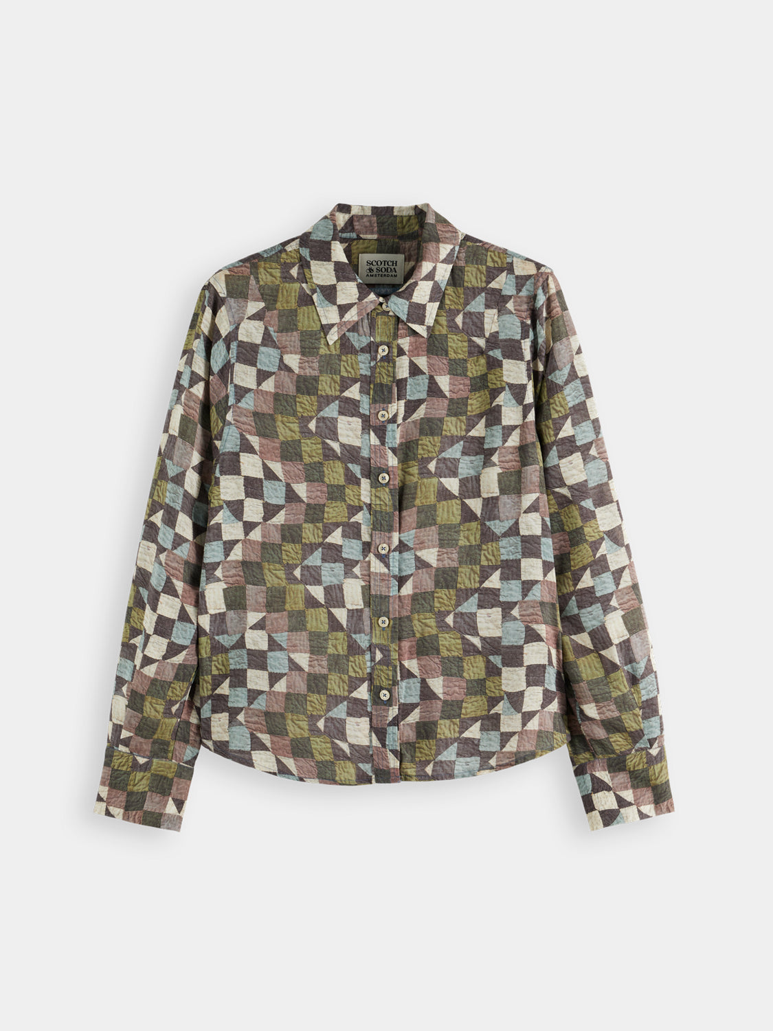 Long-sleeve printed shirt from Scotch & Soda with vibrant patterns, shown laid flat on a white background.