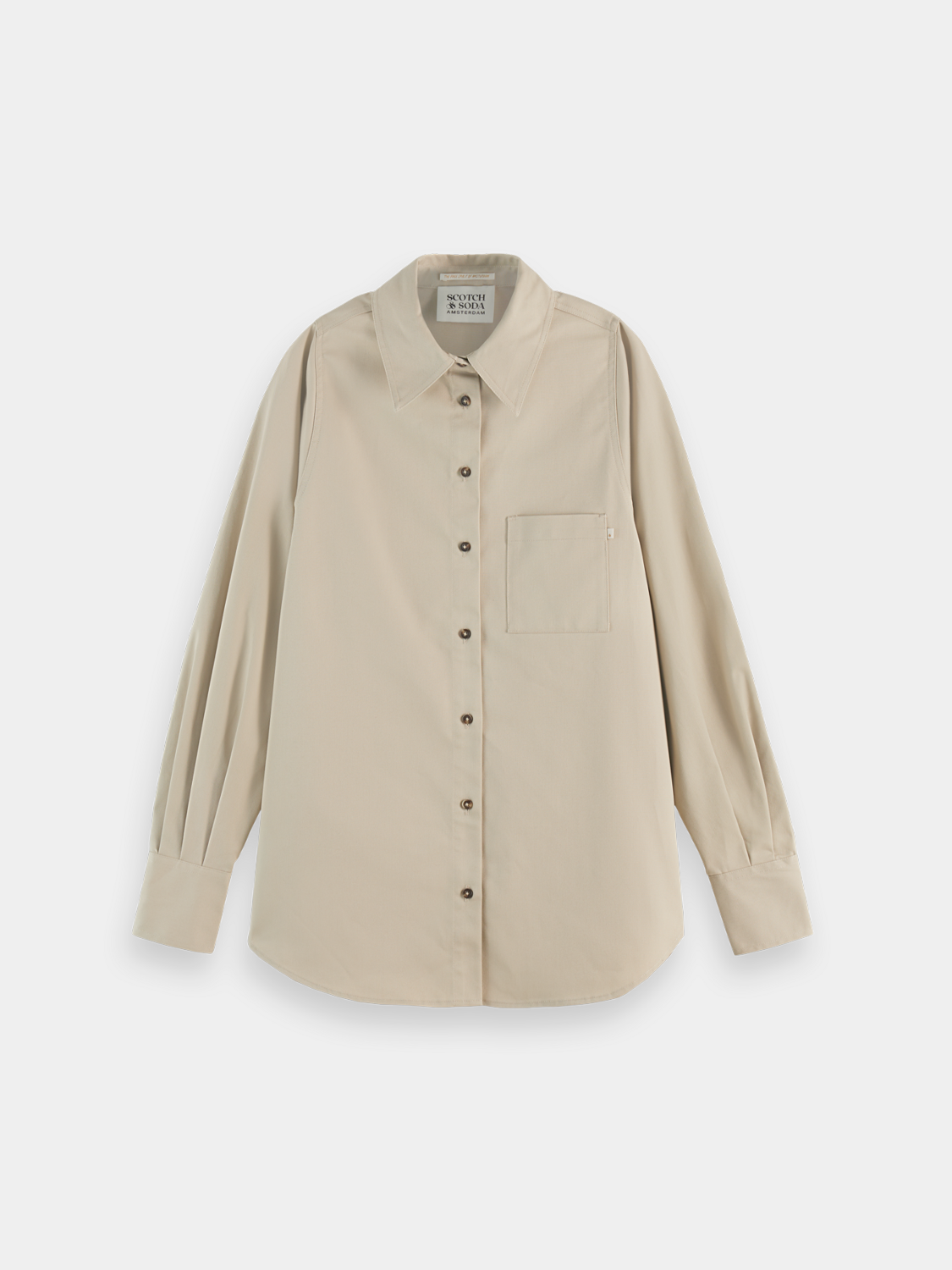 Long sleeve contrast stitch shirt by Scotch & Soda, featuring detailed stitching and casual fit on a neutral background.