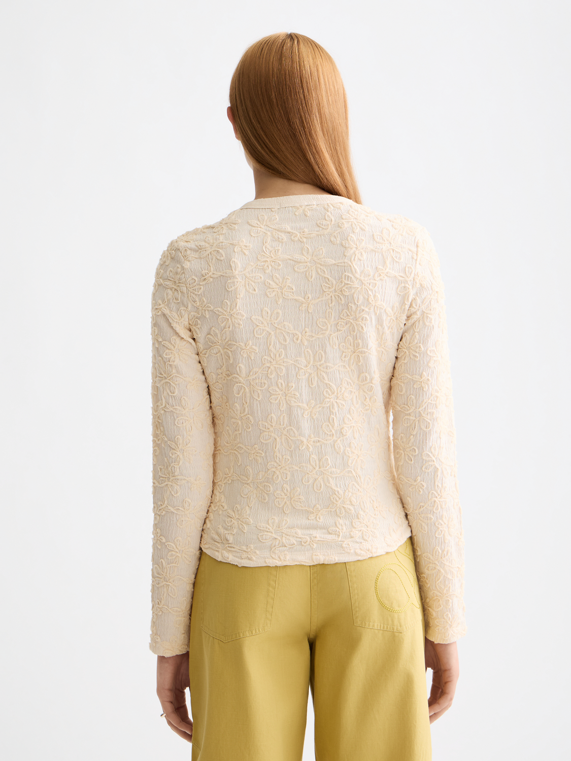 Long sleeve textured button-up top by Scotch & Soda, featuring a stylish collar and patterned fabric.