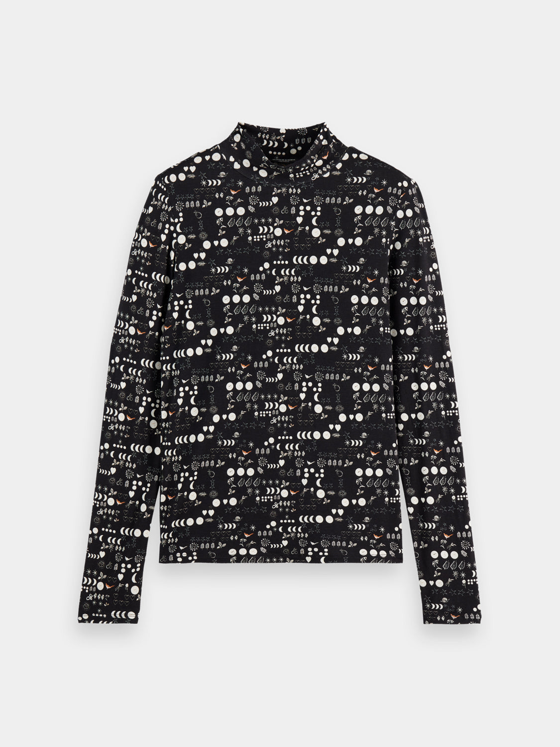 Long sleeve printed mock neck tee from Scotch & Soda with colorful graphic design and fitted style.