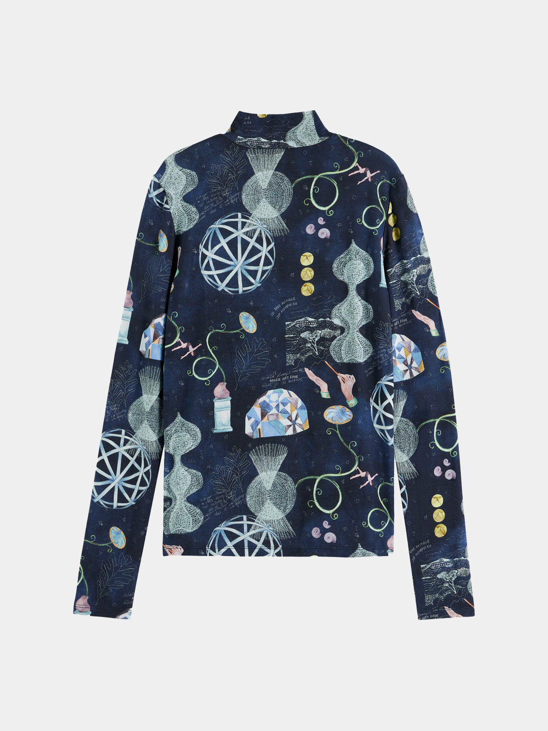 Long sleeve printed mock neck tee from SCOTCH & SODA, featuring a stylish design and comfortable fit in black fabric.
