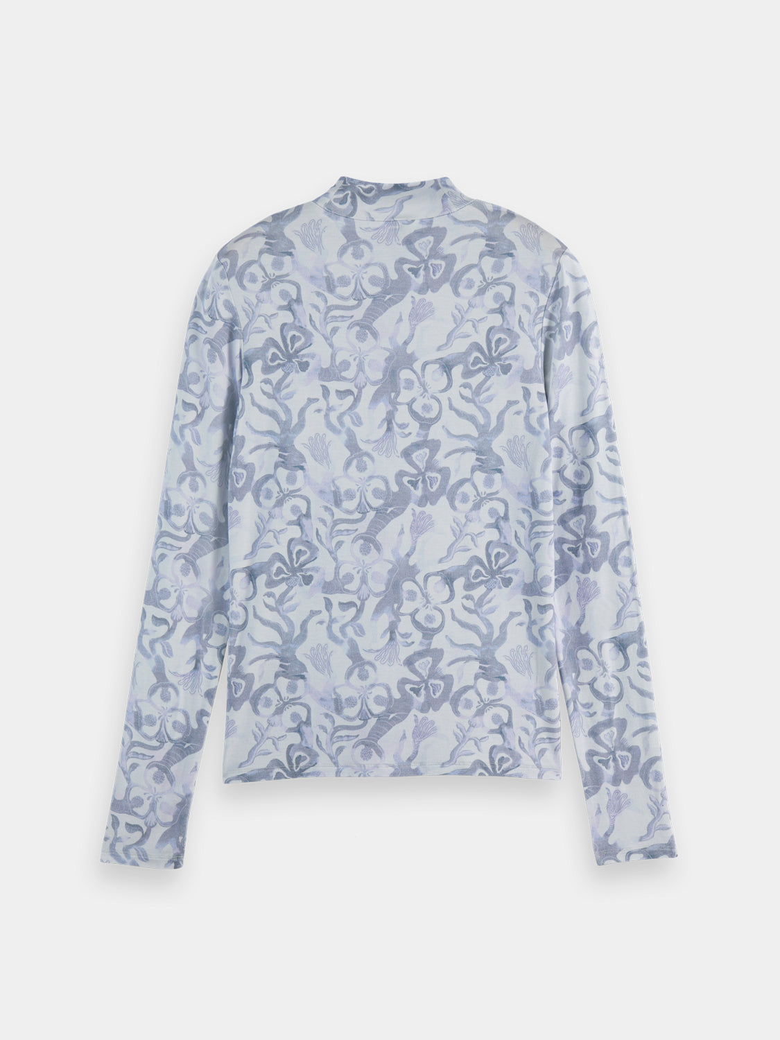 Long sleeve printed mock neck tee by Scotch & Soda featuring a stylish design on a black fabric background.