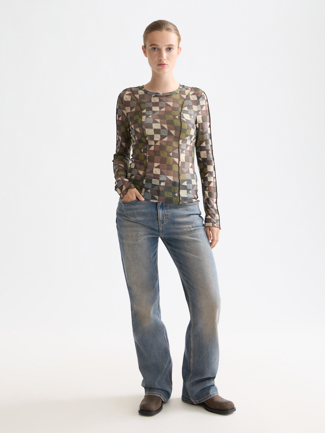 Scotch & Soda mesh long-sleeved T-shirt featuring lightweight, breathable fabric and a fitted design, shown in black.