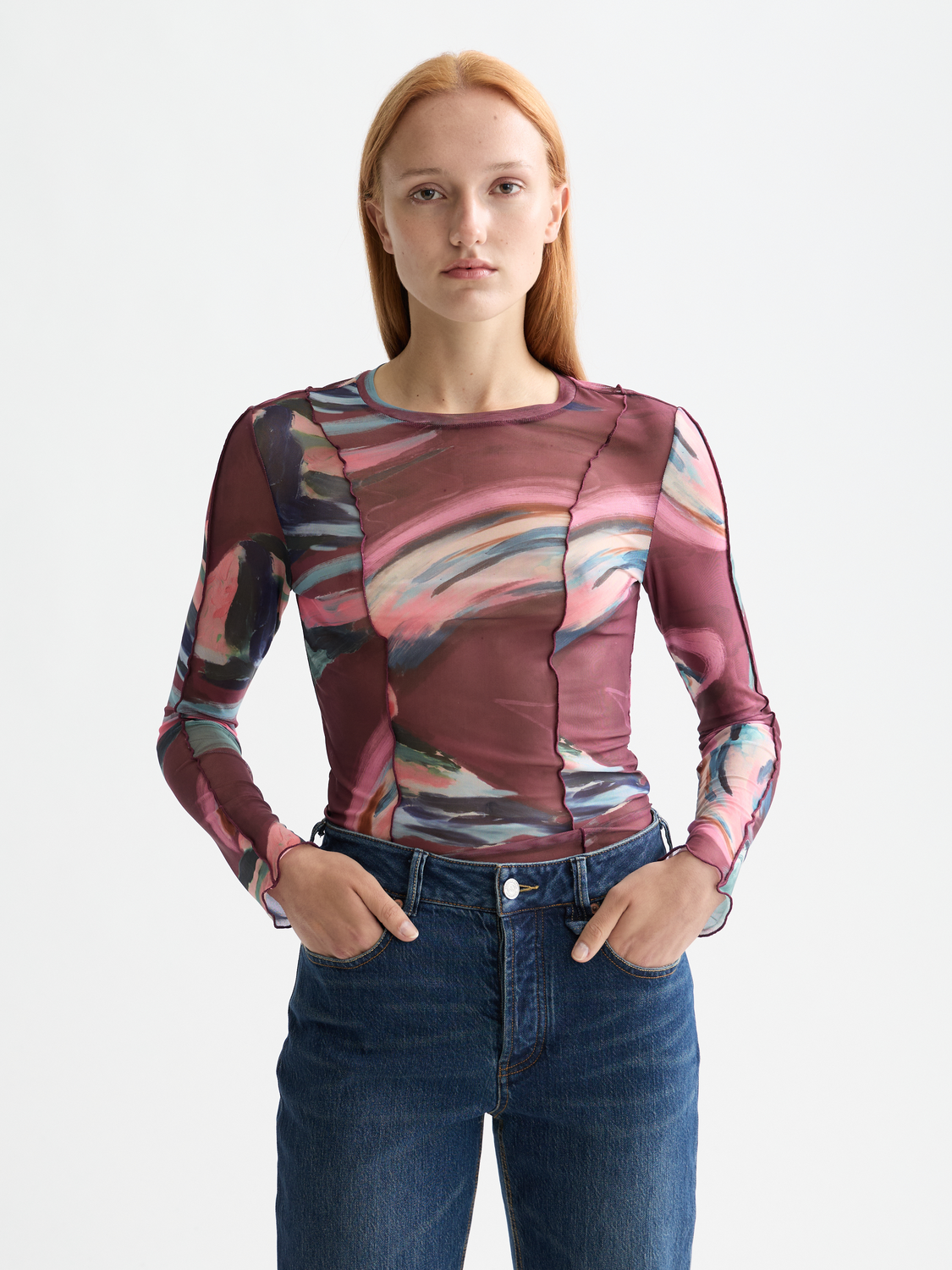 Light gray Scotch & Soda mesh long-sleeved T-shirt with a fitted design and breathable fabric, displayed on a plain background.