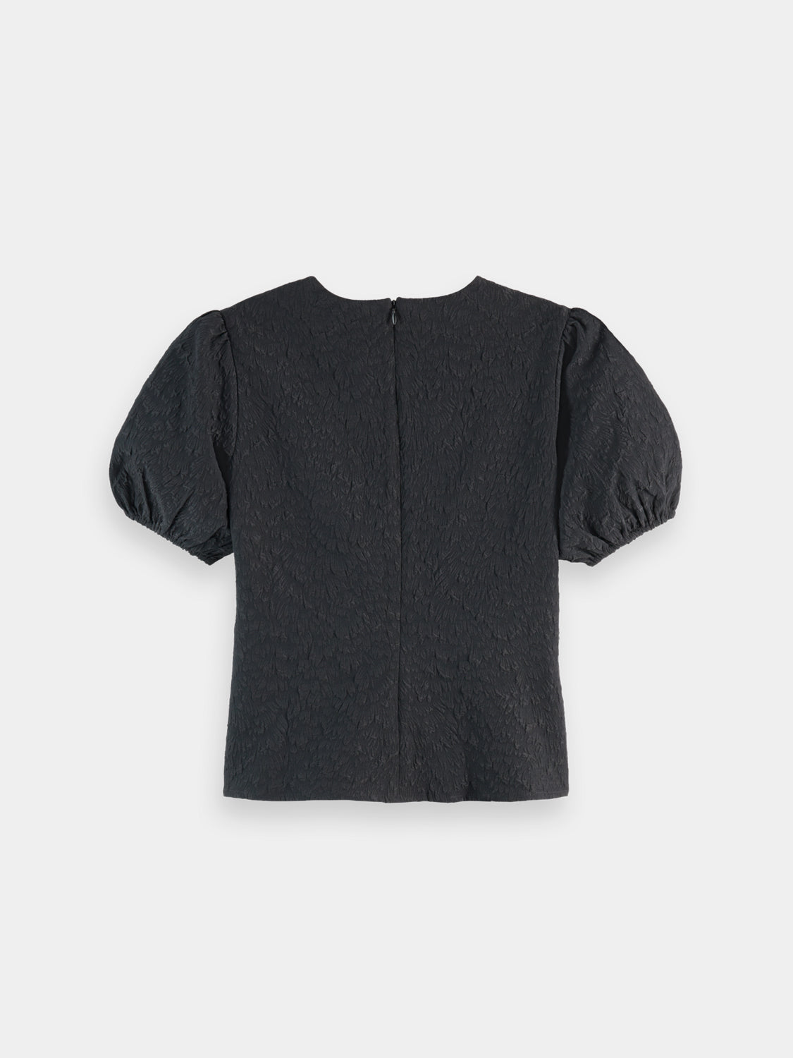 Black woven puff sleeve textured top by Scotch & Soda, featuring a stylish design and intricate fabric details.