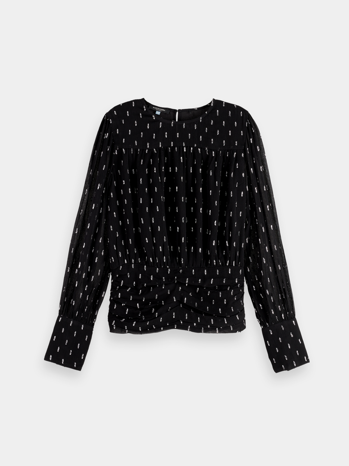 Woven top from Scotch & Soda featuring a fil coupe design, with a close-up view of the fabric and intricate detailing.