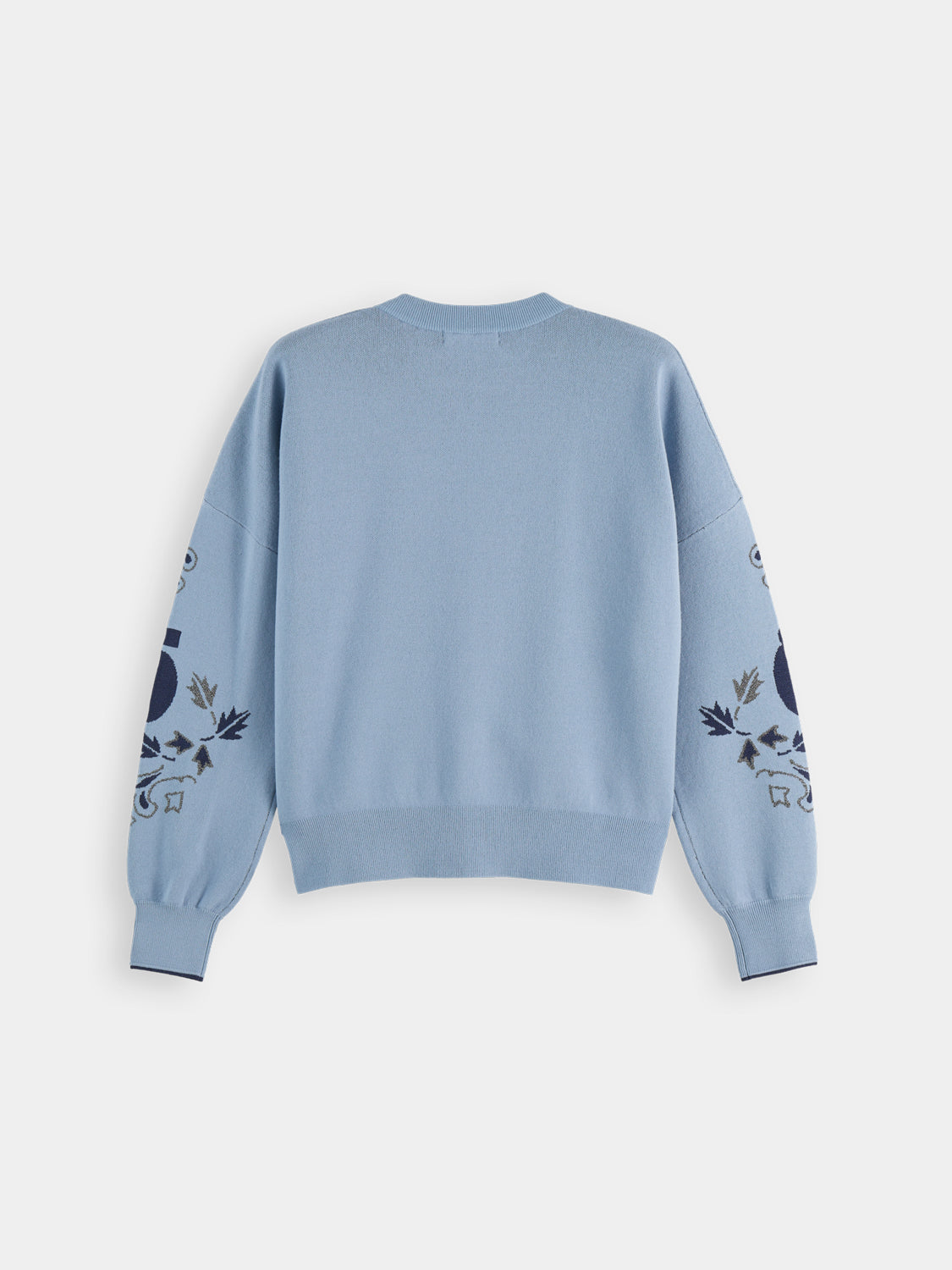 Dark navy Scotch & Soda jacquard knit pullover, close-up of textured knit pattern and crew neckline.