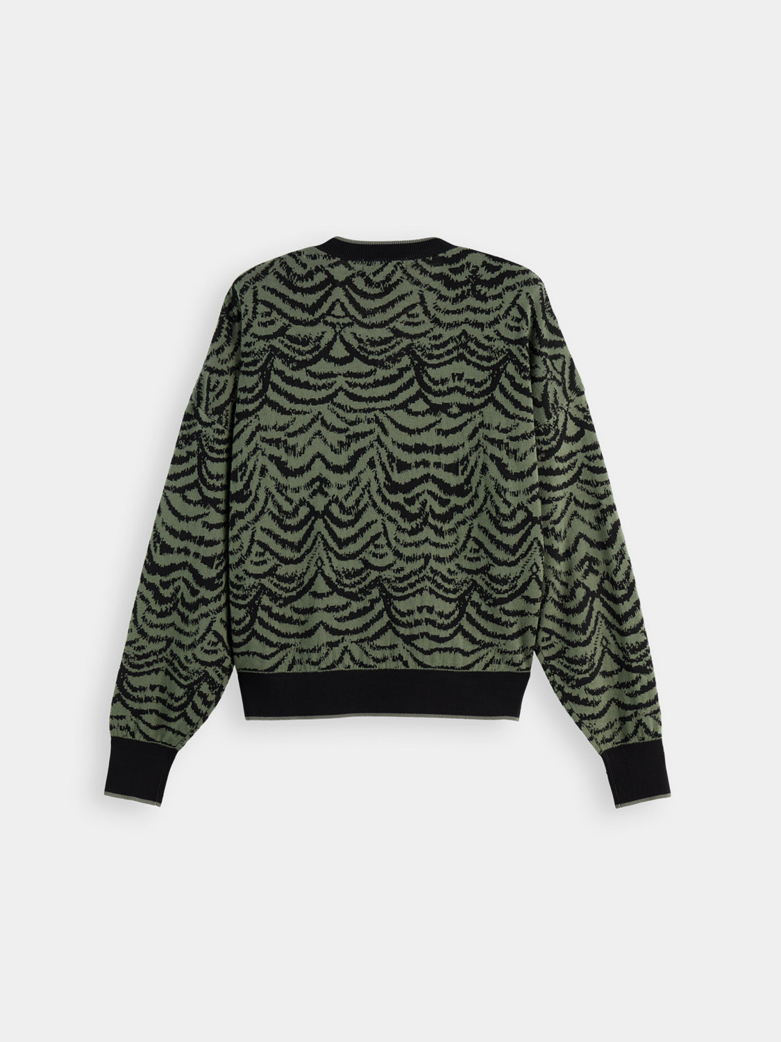 Black Scotch & Soda jacquard v-neck pullover knitwear, featuring intricate woven patterns and a comfortable fit.