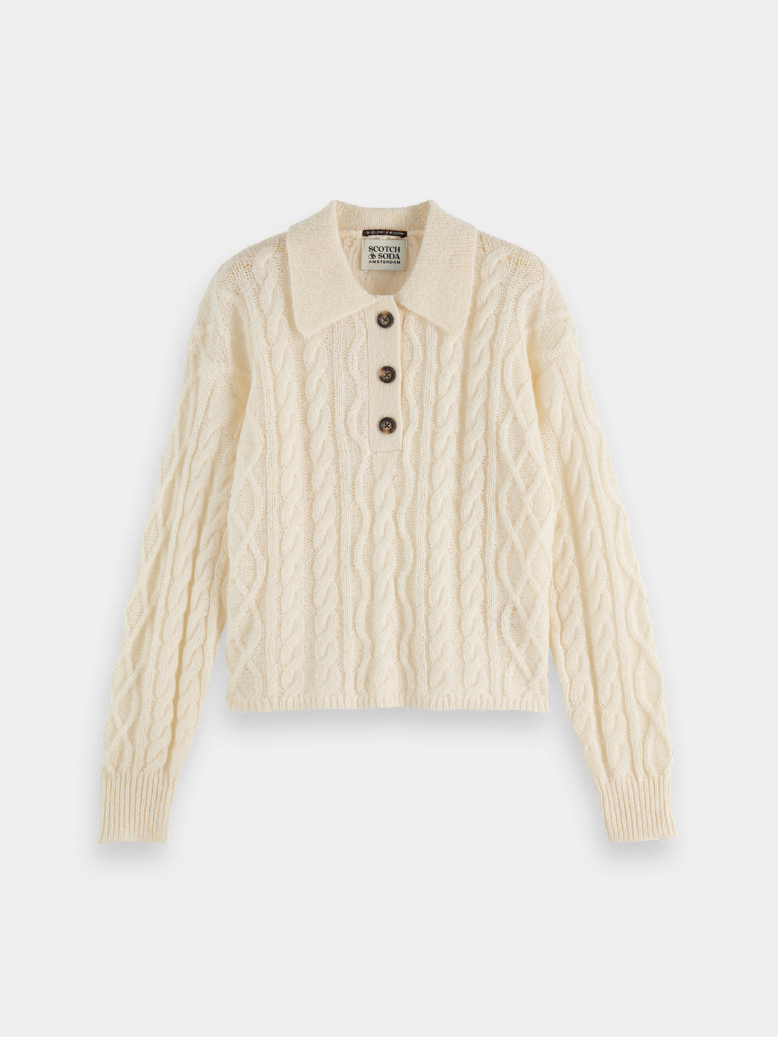 Cable stitch polo pullover by Scotch & Soda, a stylish knitwear sweater featuring cable knit pattern and ribbed collar.
