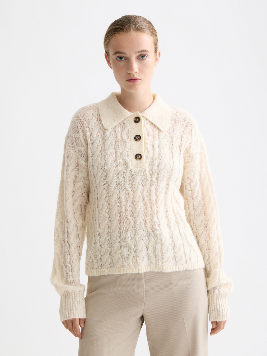 Knitwear Cable Stitch Polo Pullover by Scotch & Soda featuring textured cable knit pattern and classic polo collar.