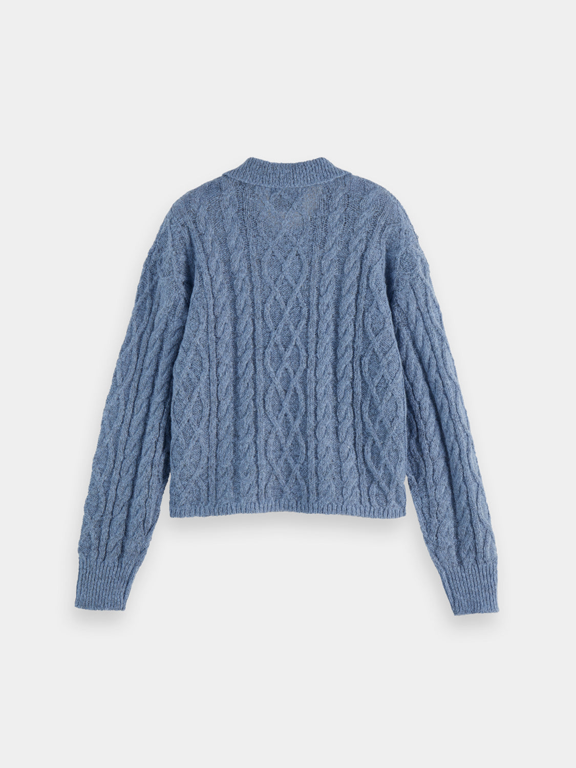 Navy cable stitch polo pullover by Scotch & Soda, knitwear with textured cable pattern, front collar, and long sleeves.