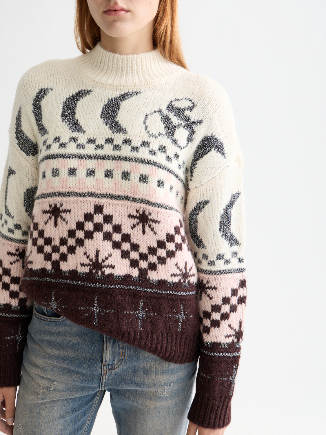 Metallic Fair Isle knitwear pullover by Scotch & Soda featuring a colorful, patterned design with metallic threads, long sleeves, and cozy fit.