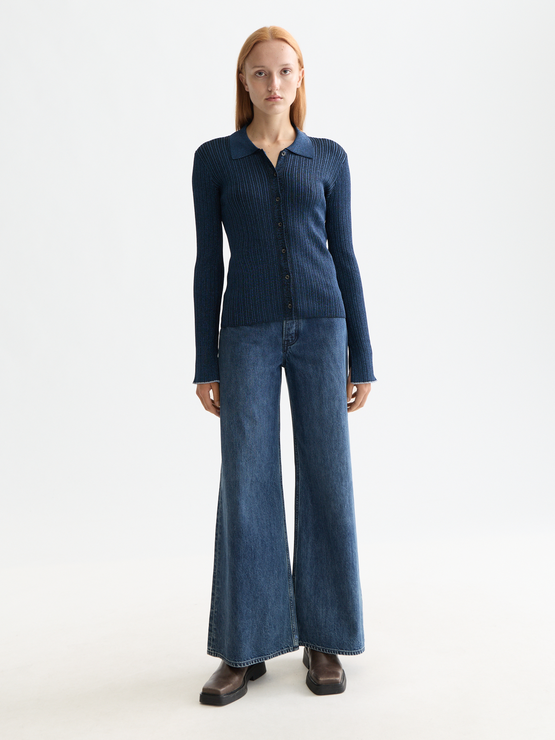 Metallic fitted button-up knitwear top by Scotch & Soda, showcasing a shiny, close-fitting design with a front button closure.