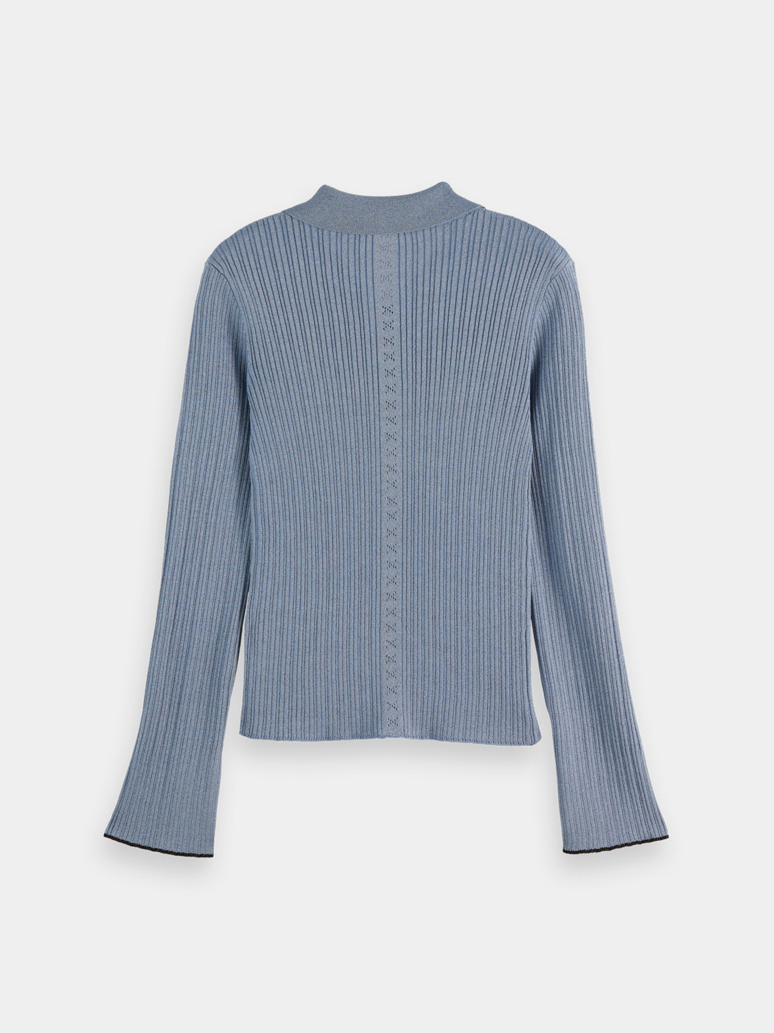 Metallic fitted button-up knitwear top from Scotch & Soda, shown from the back with a shiny metallic finish and tailored fit.