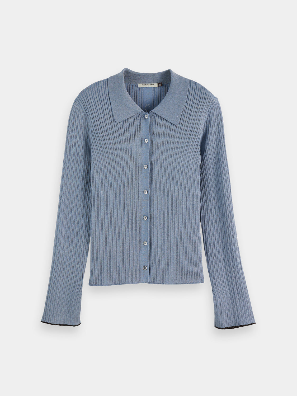 Metallic fitted button-up knit top by Scotch & Soda, showcasing a shiny metallic finish and tailored fit.