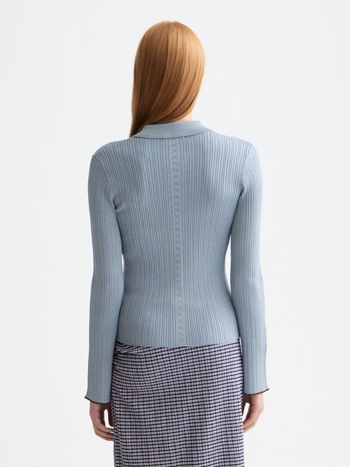 Metallic fitted knitwear top by Scotch & Soda featuring a button-up design in a shiny metallic finish.