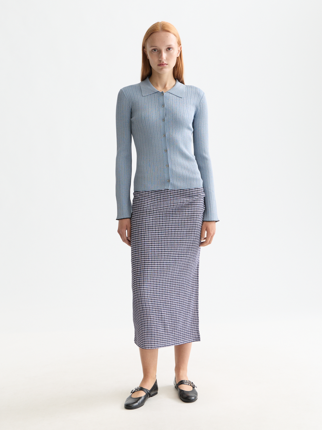 Metallic fitted button-up knit top by Scotch & Soda, featuring a shiny metallic finish and a tailored silhouette.