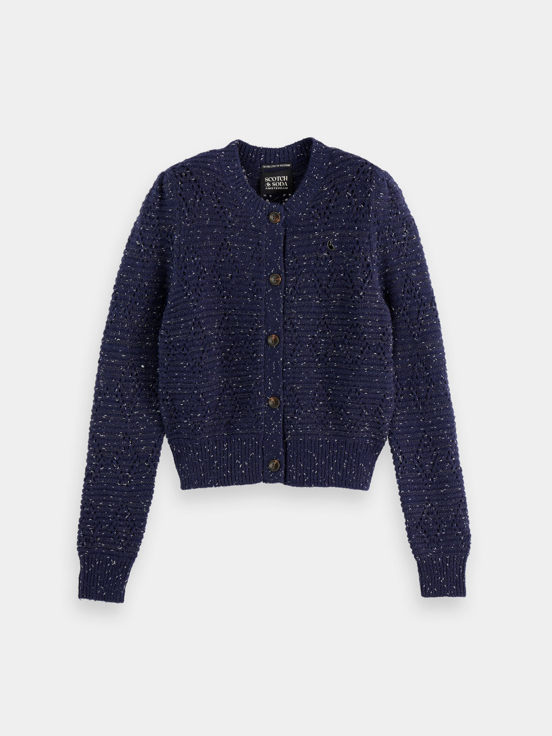 Metallic SCOTCH & SODA crewneck cardigan in knitwear with a subtle shimmer, shown on a hanger against a plain background.