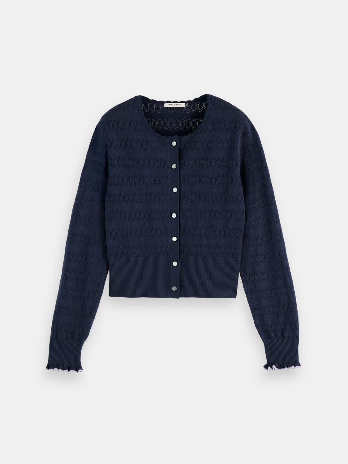 Pointelle knit cardigan by Scotch & Soda, featuring delicate openwork patterns, long sleeves, and a soft, cozy fit.