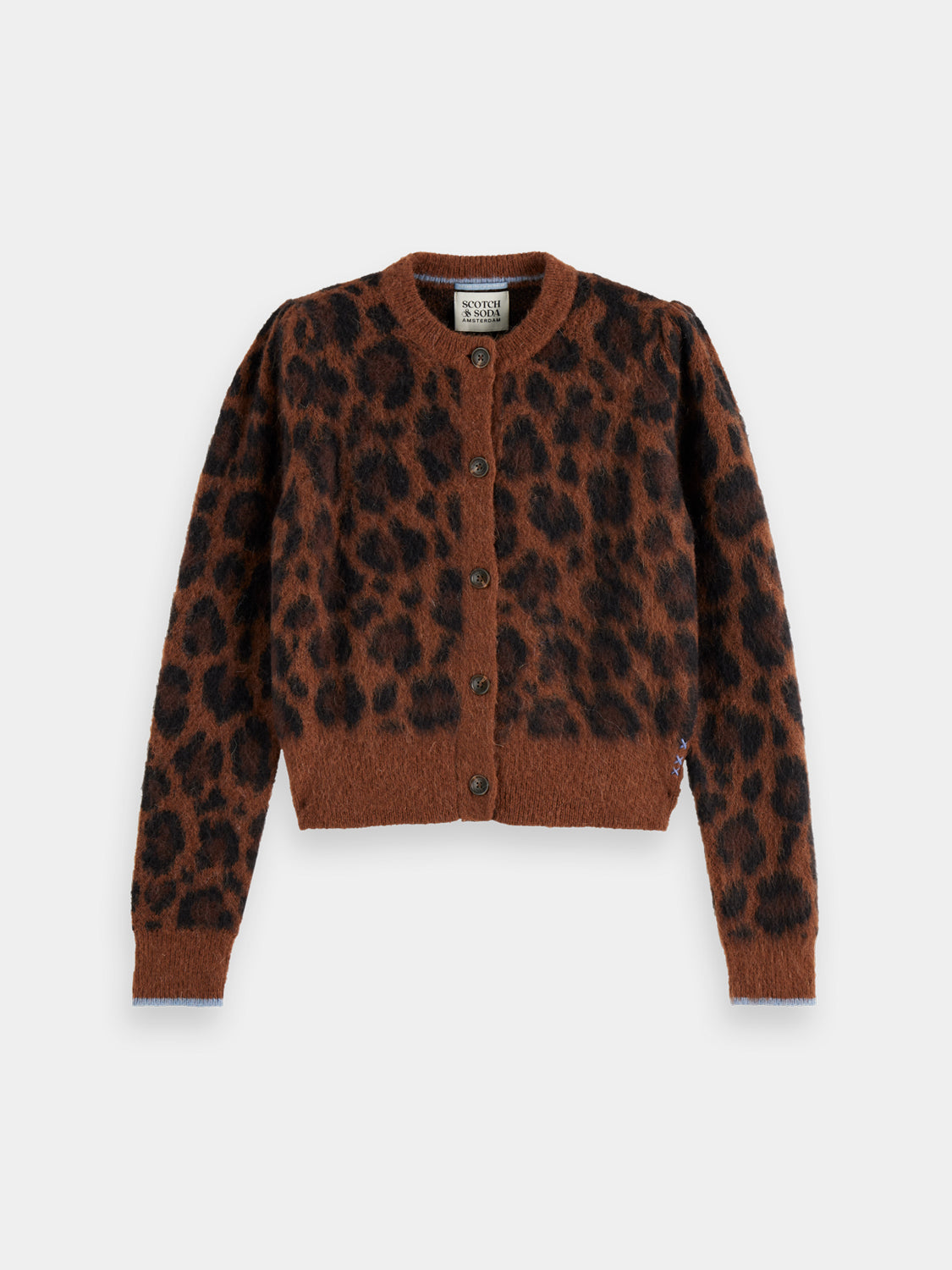 Fuzzy jacquard knit cardigan by Scotch & Soda with textured pattern and button closure, shown on a neutral background.