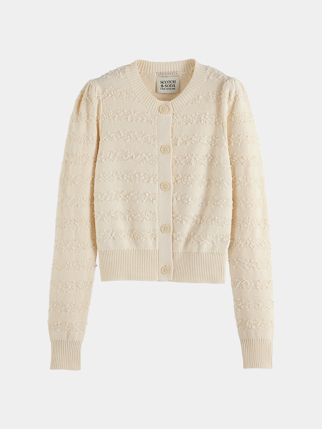 SCOTCH & SODA boucle stripe cardigan featuring knitwear with a textured, striped pattern and a relaxed fit.