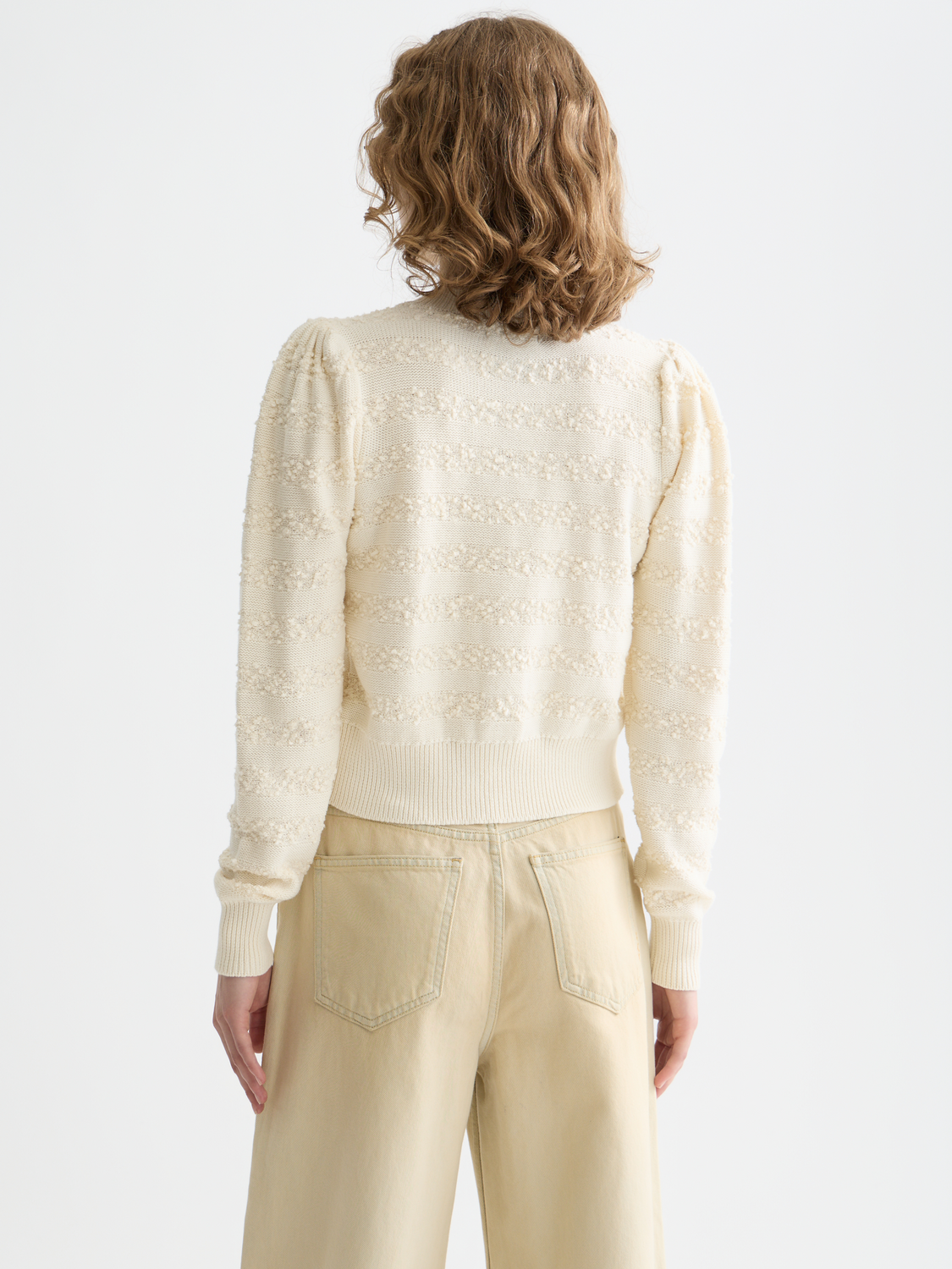 Scotch & Soda boucle stripe cardigan knitwear featuring a textured knit pattern and contrasting stripe design.