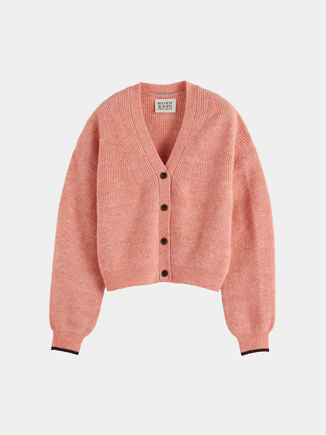 Soft fuzzy cardigan by Scotch & Soda, knitwear with a cozy texture, shown in a close-up view highlighting the fabric detail.