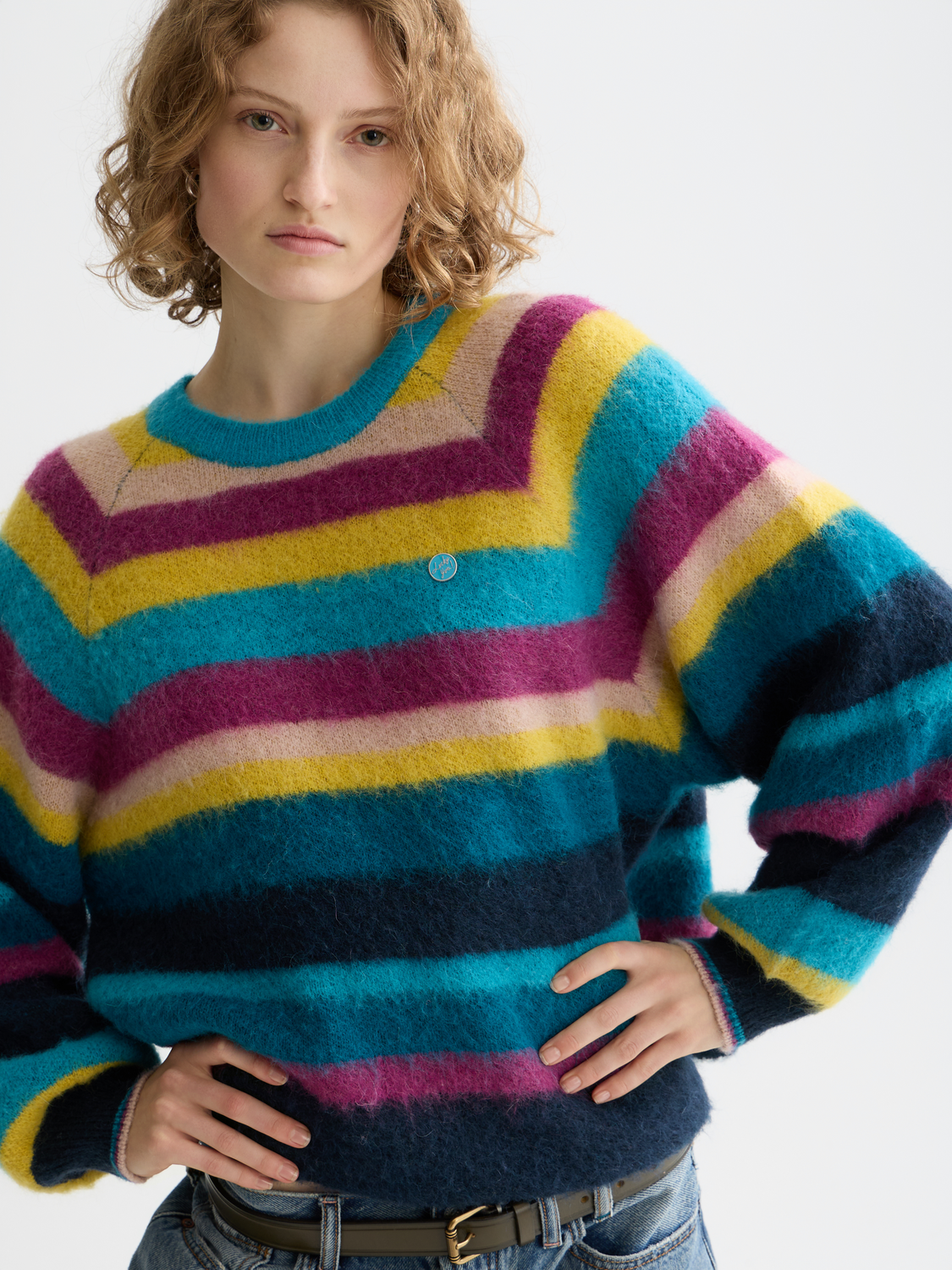 Fuzzy knit pullover by Scotch & Soda, showcasing a cozy, textured knitwear design in soft, warm colors.