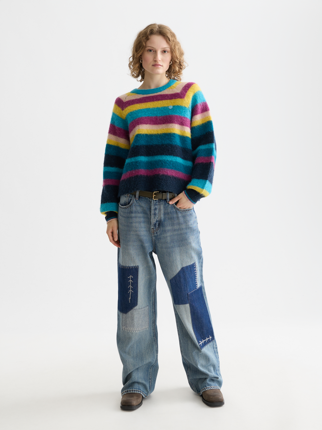 Fuzzy knit pullover by Scotch & Soda, soft textured sweater with a cozy, relaxed fit, shown in a neutral color.