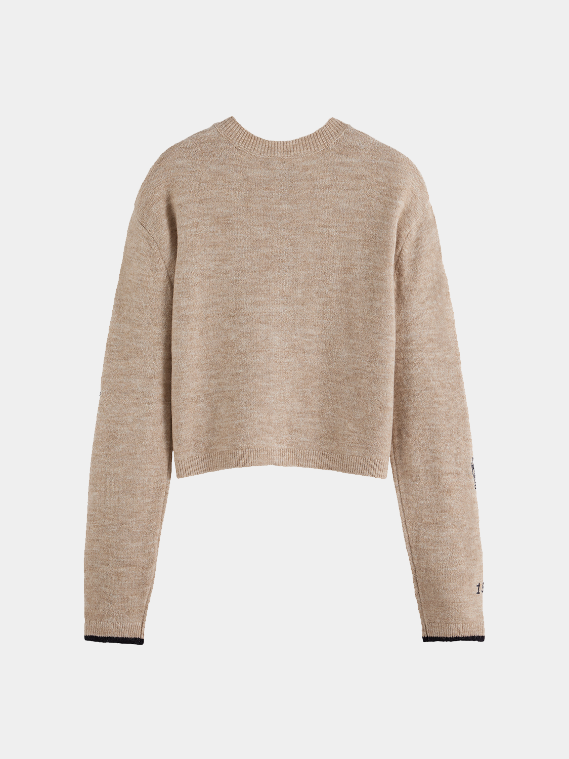 Black embroidered crew neck cardigan by Scotch & Soda, featuring detailed knitwear design and intricate embroidery.