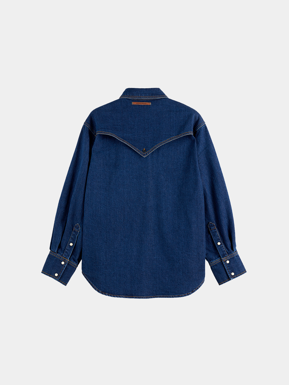 Long sleeve denim shirt by Scotch & Soda, shown in dark wash with button-front and classic collar.