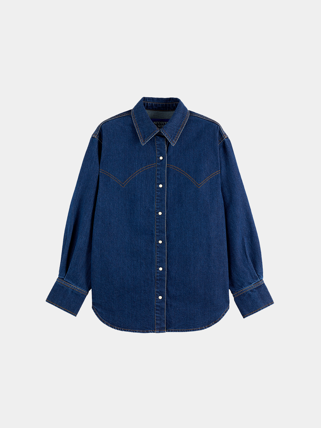 Long sleeve denim shirt by Scotch & Soda, featuring classic blue fabric and button-front design.