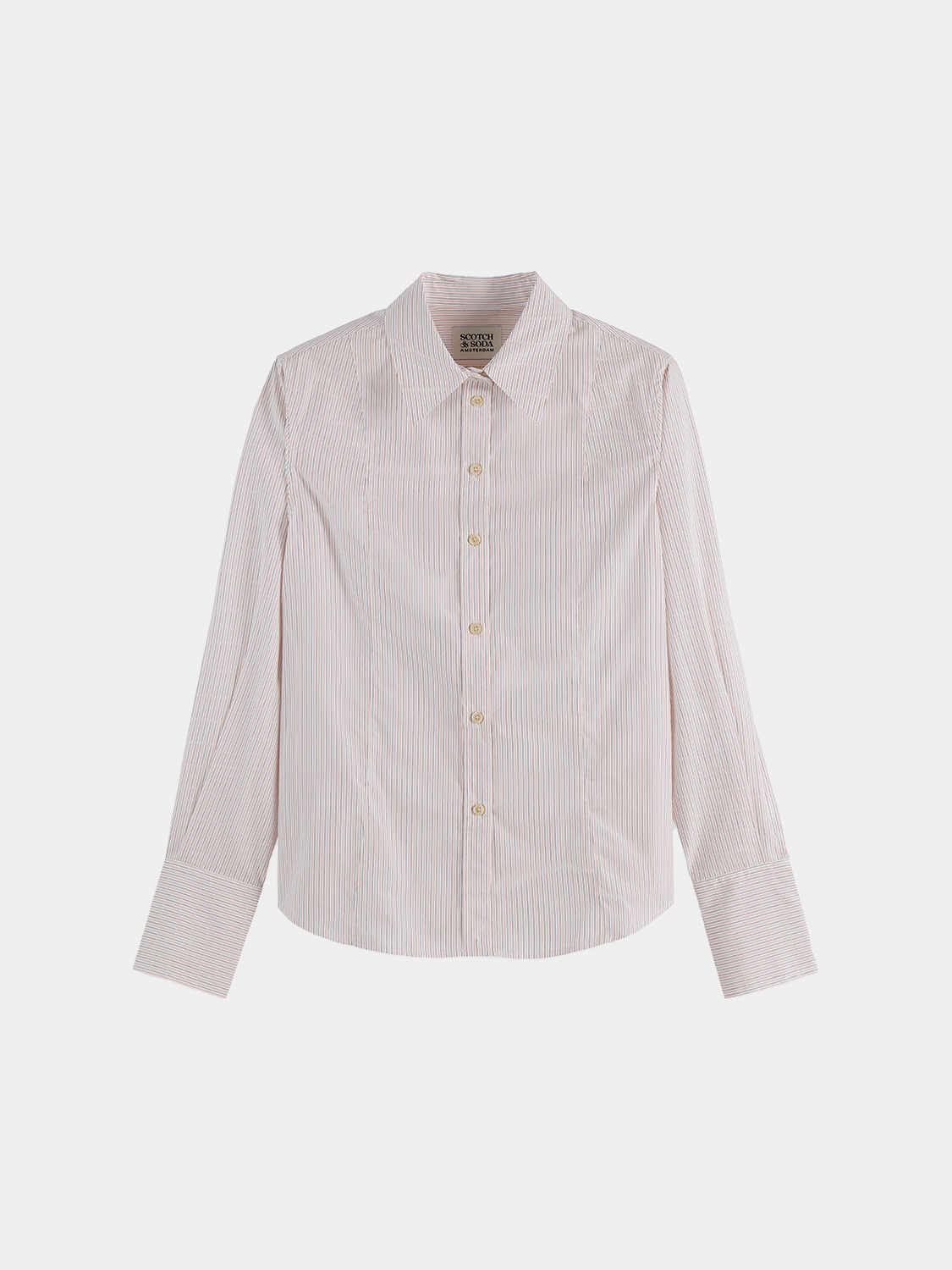 Long-sleeve Scotch & Soda poplin shirt in classic design, displayed on a hanger with a clean background.