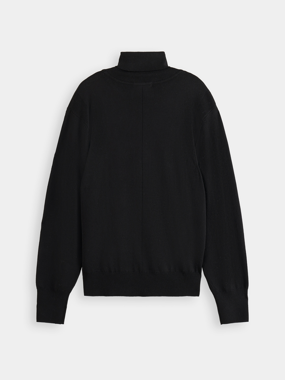 Black Scotch & Soda roll neck relaxed knitwear pullover displayed on a hanger with a folded collar and soft, cozy texture.