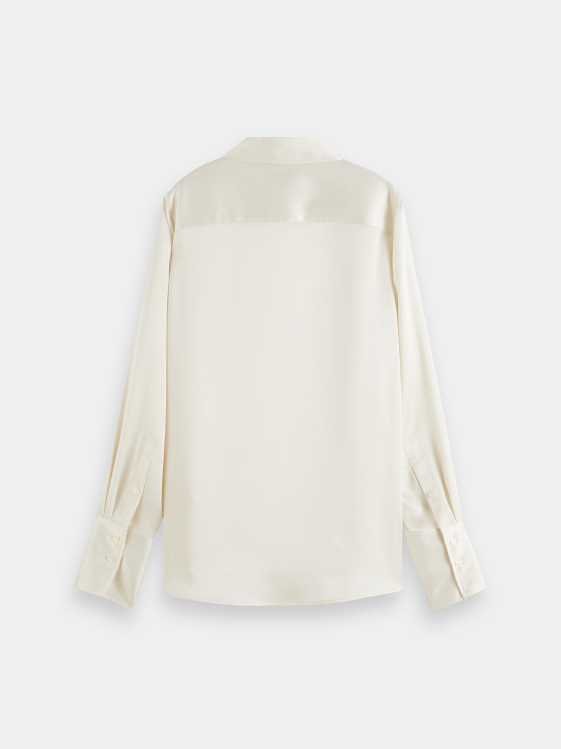 Long-sleeve satin shirt by Scotch & Soda, featuring a smooth fabric and classic design, shown in a dark color.