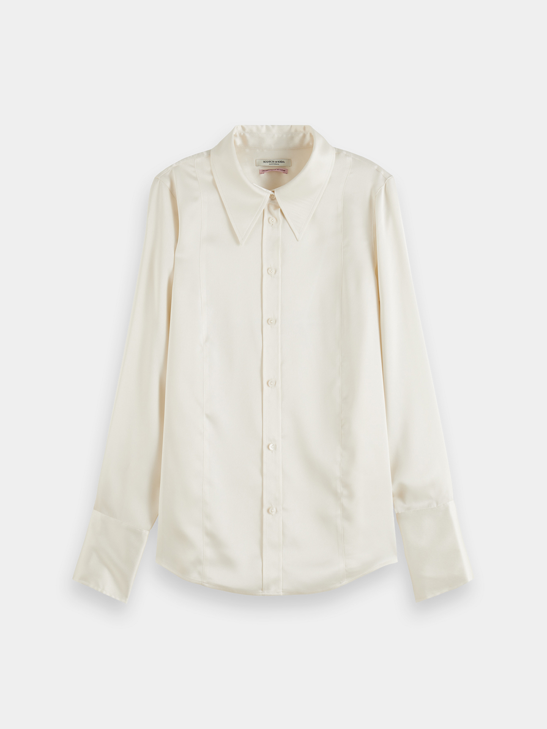 Long-sleeve satin shirt by Scotch & Soda featuring a smooth, glossy fabric and a classic collar, displayed on a plain background.