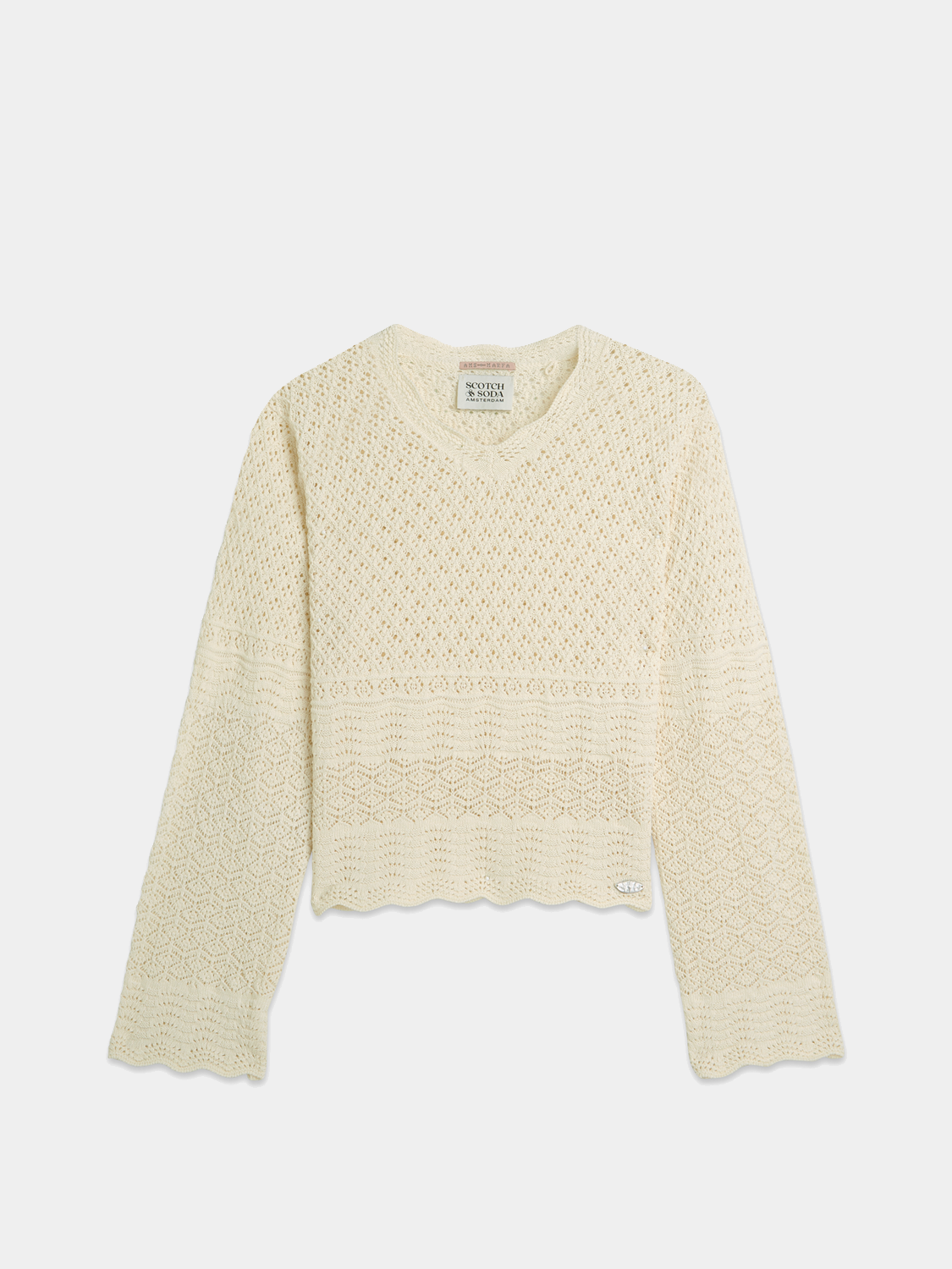 Pointelle v-neck knitwear pullover by Scotch & Soda, featuring a soft, lightweight design with intricate knit patterns.