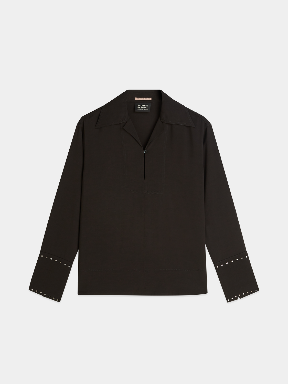 Black woven studded shirt by Scotch & Soda featuring metal stud embellishments and a tailored fit.