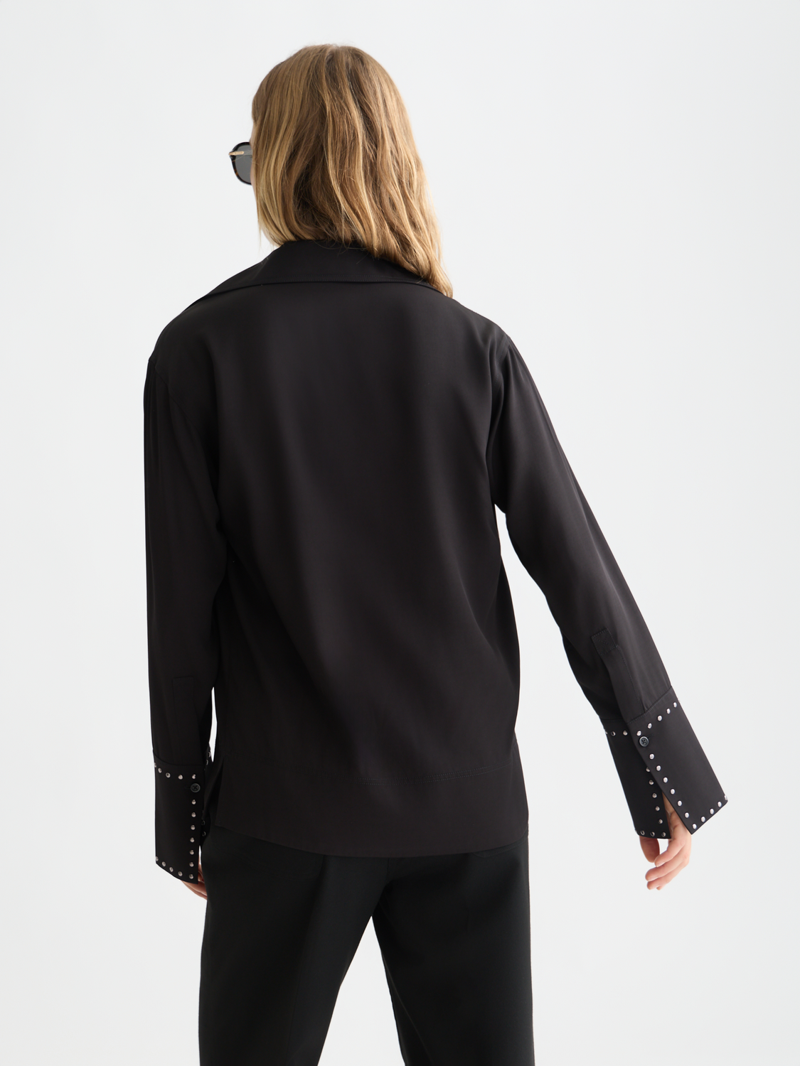 Scotch & Soda woven studded shirt with metal embellishments, back view showing detailed studded design and fabric texture.