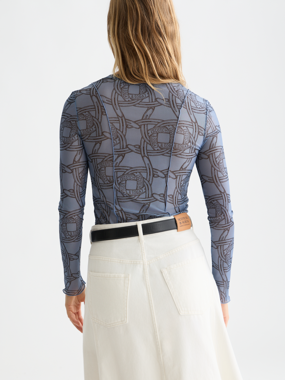 Black mesh long-sleeved T-shirt from Scotch & Soda featuring a transparent, breathable fabric with a relaxed fit.