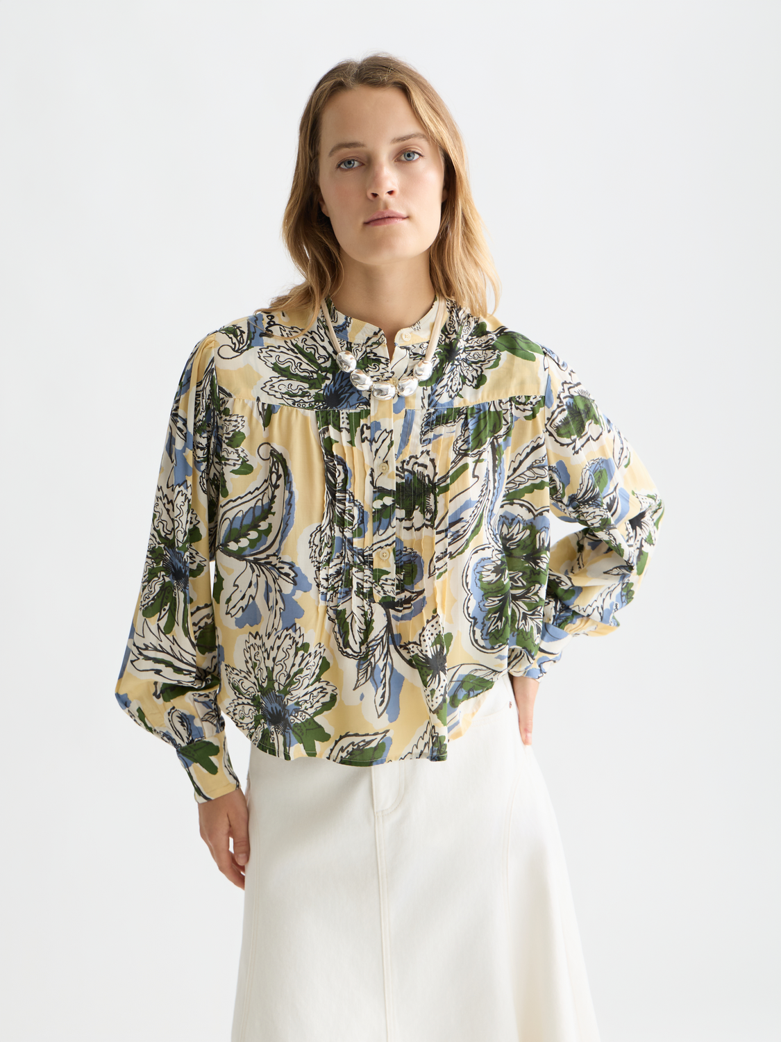 Long sleeve Scotch & Soda pintuck shirt with button-up front and tailored fit, featuring pintuck details and crisp fabric.