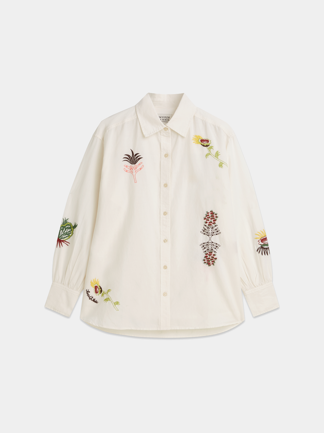 Long-sleeve embroidered girlfriend shirt by Scotch & Soda featuring floral embroidery on soft fabric.