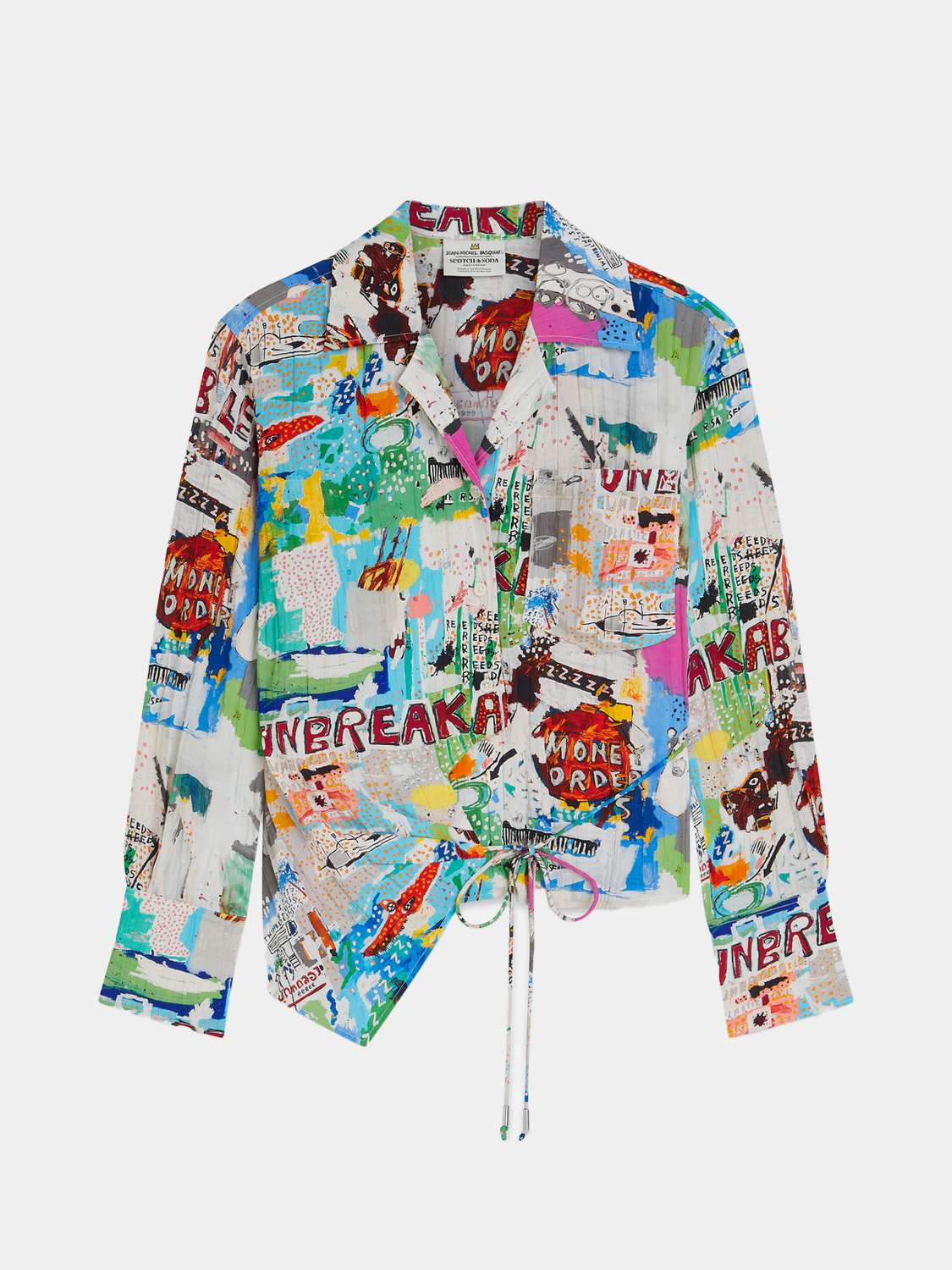 Long-sleeved shirt by Scotch & Soda featuring Basquiat artwork design, with vibrant colors and artistic print.